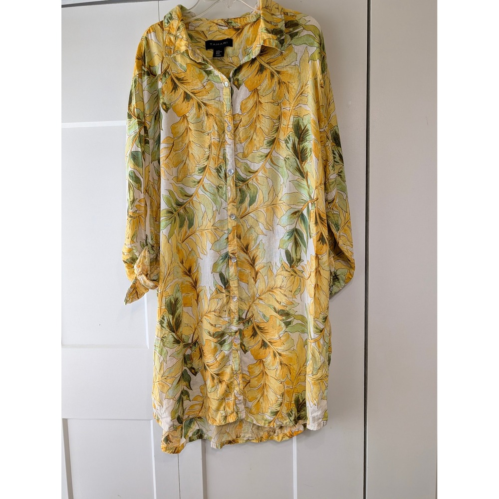 Tahari Womens XL Yellow Tropical Leaf Linen Blend Roll Tab Shirt Dress